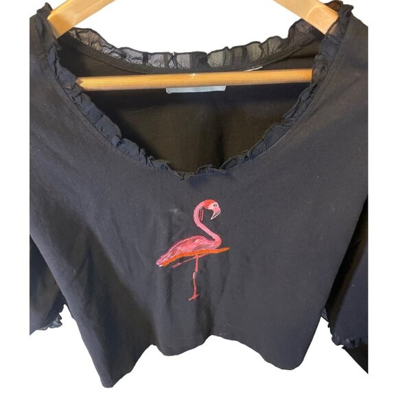 Seventh Ave Pink Flamingo Sparkle Decoration 3/4 Sleeve Black Pullover T Shirt - Picture 3 of 10